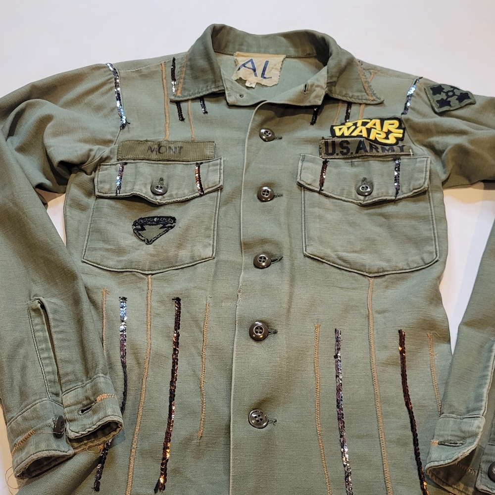 Shirt Jacket Utility Military Button Up Upcycled Patchwork Size Small